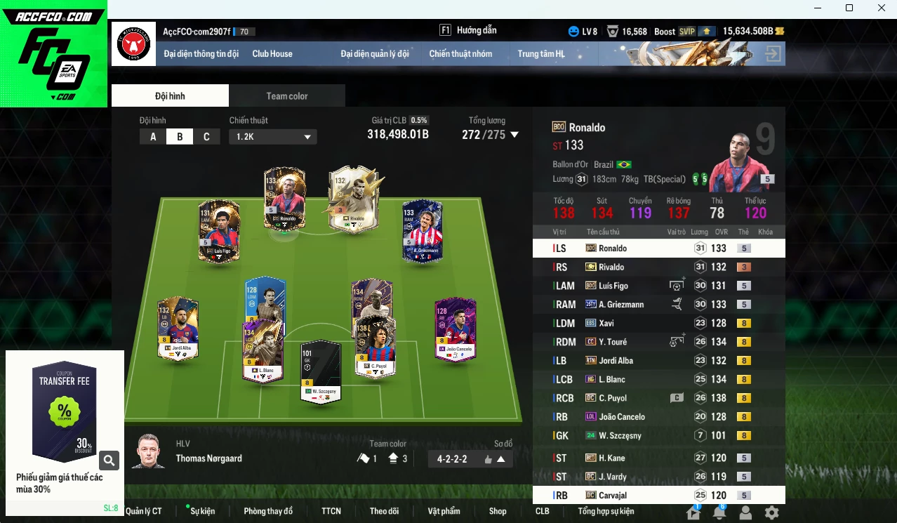 Barcelona 318.490b dư 15.600b có Puyol DC, Touré CC, Ronaldo BDO, Rivaldo ITM+3, Griezmann 25TY, Figo BDO, Blanc HG, Alba RTN, Xavi EBS, Cancelo LOL
